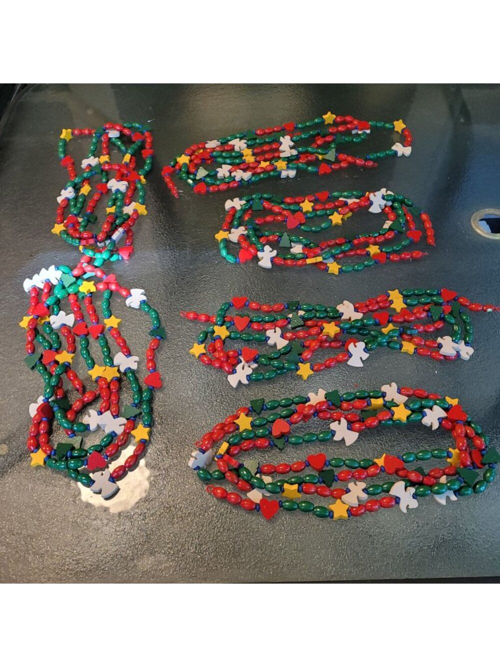 Wooden Beaded Lot 6 Christmas Garland With Angels Stars Hearts & Trees Red Green